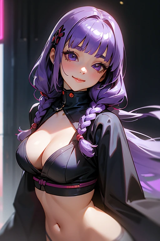 1 Girl, Blunt bangs, Braiding, Wide sleeves, hair ornaments,Obi says, (Purple Hair:1.2), Very long hair, Straight hair, Looking at the audience, Highly detailed background, (Realistic:1.2), Beautiful Eyes, Red eyeshadow, Written boundary depth,thigh, (Urzan-6500:0.7), Upper Body, (alone:1.2), (Cyberpunk City:1.1), Cleavage,,Shiny skin、(Navel exposed).((Face close-up))、((smile))、(Looking up)、