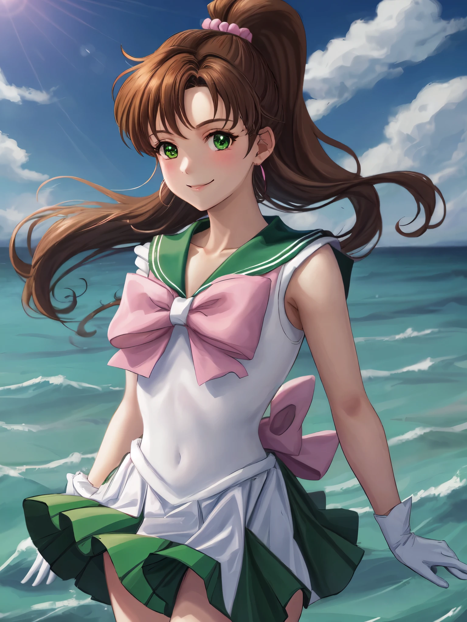 Armpit Show,masterpiece, Highest quality, High resolution, One girl, alone, Sailor Jupiter, (Hair fluttering), (Single Ponytail)), Elbow hand pockets, headgear, Green pleated skirt, Pink ribbon, (Green sailor collar), Brown Hair, White gloves, jewelry, Earrings, smile, Grassland in the background, Blue sky and white clouds, Ocean, front, whole body