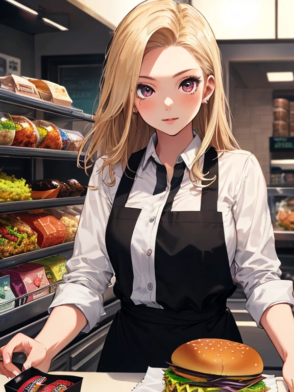 counter, Fast food clerk, android１８Number, (masterpiece), highest quality, 1girl, uhd, retina, masterpiece, ccurate, anatomically correct, textured skin, super detail, high details, high quality, best quality, highres, 4K