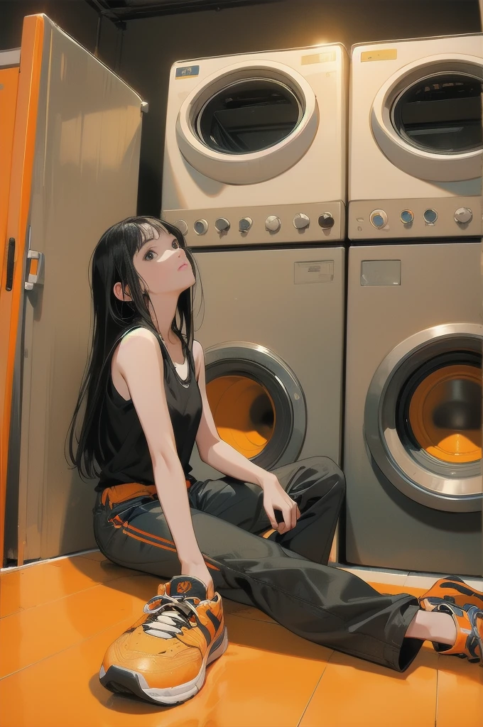 1girl, solo, long hair, looking at viewer, shirt, black hair, sitting, shoes, sleeveless, pants, medium hair, black eyes, black shirt, sleeveless shirt, ground vehicle, yellow pants, orange pants, washing machine