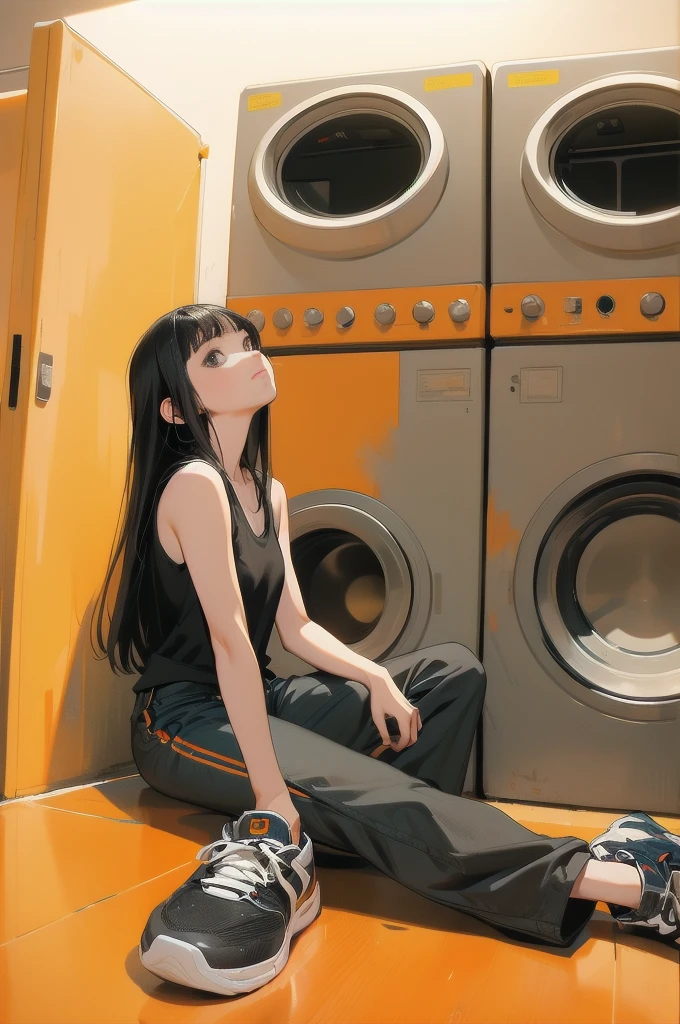 1girl, solo, long hair, looking at viewer, shirt, black hair, sitting, shoes, sleeveless, pants, medium hair, black eyes, black shirt, sleeveless shirt, ground vehicle, yellow pants, orange pants, washing machine