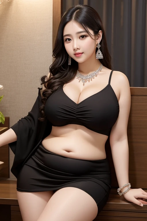 130kg, morbidly obese woman, fat belly, large belly, protruding belly, big belly, convex belly, abdominal exposure, exposed navel, mini skirt, high heel, earring, necklace, bracelet, Outer eyelid