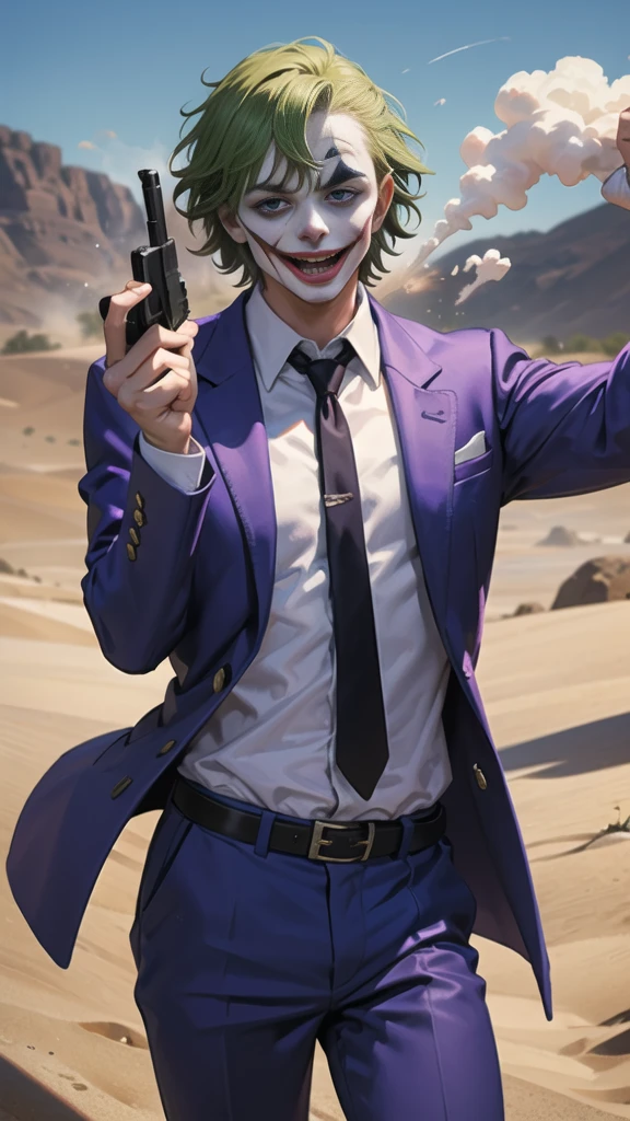 Masterpiece, best quality, The Joker wears a purple suit., , look at viewer, Aim the gun., ถือpistol, look at viewer, stand, , ((pistol)),((Aim the gun.ไปที่ผู้ชม)),gun possession, desert, Laugh and laugh ,explosion from gun , (lots of smoke)