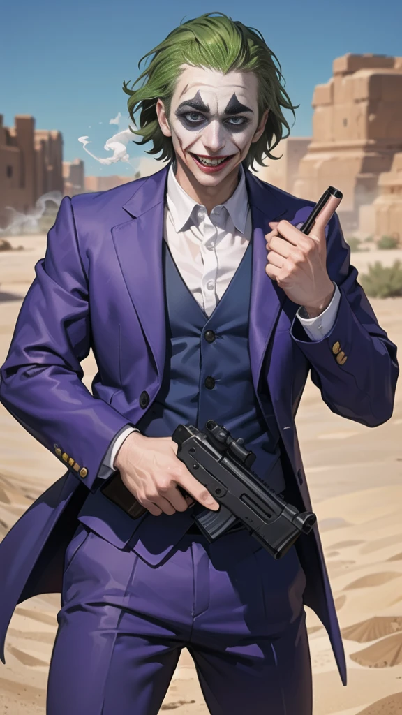 Masterpiece, best quality, The Joker wears a purple suit., , look at viewer, Aim the gun., ถือpistol, look at viewer, stand, , ((pistol)),((Aim the gun.ไปที่ผู้ชม)),gun possession, desert, Laugh and laugh ,explosion from gun , (lots of smoke)