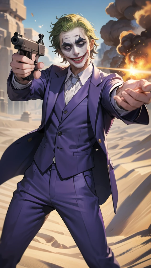 Masterpiece, best quality, The Joker wears a purple suit., , look at viewer, Aim the gun., ถือpistol, look at viewer, stand, , ((pistol)),((Aim the gun.ไปที่ผู้ชม)),gun possession, desert, Laugh and laugh ,explosion from gun , (lots of smoke)