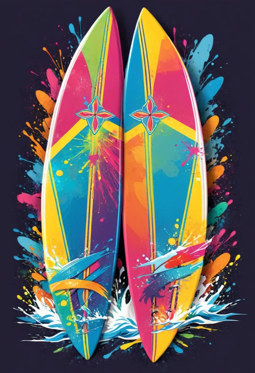 A t-shirt featuring vector art of a colorful illustration of two crossed surfboards, At the center, swirly vibrant colors, paint splashes and smears, high détail, t-shirt designs
(work of art, best qualityer, proffesional, perfect composition, very aesthetic, absurdrez, super verbose, details Intricate:1.3)