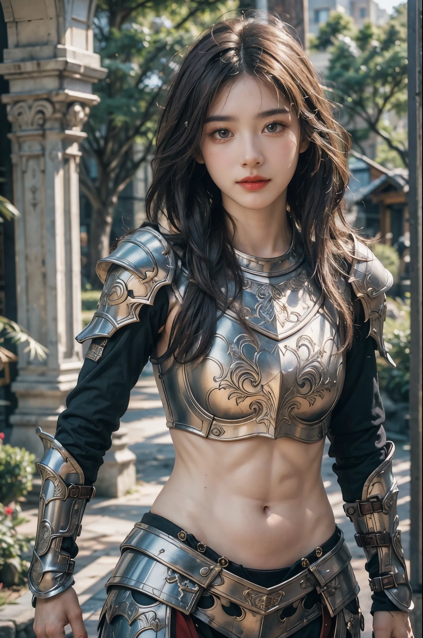 A woman in armor posing, Bikini Armor 女骑士, Armor Girl, , Bikini Armor, Metal Armor,Heavy armor,Metallic Bikini,metal breastplate,Metal trousers,Metallic armor,Gorgeous female paladin,Amazing Armor, Heavy shoulder armor,Heavy leg nails,Heavy Armor,Perfect face,Stunningly beautiful,Fantasy Warrior, Light black armor, fantasy paladin woman,Bare belly,Sexy abdominal muscles,fair,Dynamic poses, Delicate face, Vibrant eyes, High Detail Skin, Realistic skin details, Visible pores, Sharp focus, Volumetric Fog, 8k ultra high definition, SLR camera, high quality, Photorealism, Photorealism, Photography, ((8K, Raw, masterpiece: 1.4)), (Professional Photography, sharp:1.2), ((Portrait shoot)), Perfect dynamic composition, (Natural sunlight), (soft shadow), (Perfect body:1.4, Slim abdominal muscles:1.2), Ultra-detailed face and skin, Perfect Asian, White skin, (Delicate skin:1.3), (Perfect glowing skin:0.6), beautiful eyes, Round eyes, Pretty Face, blush, Glossy lips, High nose bridge, Shiny eyes, 比例Perfect face, Real moist skin, Exquisite expression, looking at camera