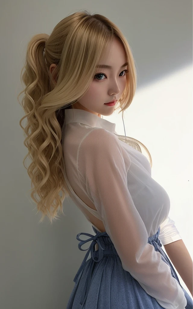 （（（White girl）））、（（（Mary, 18 years old）））、one person、（Thin contours、grey Eye）、（Thin contours）、（Big Breasts:1.5）、Narrow waist、（（（White and translucent skin:1.3）））、Beautiful, shiny blonde medium-long hair、8-head-tall model style、Waist-down angle、Tokyo city、Full body focus