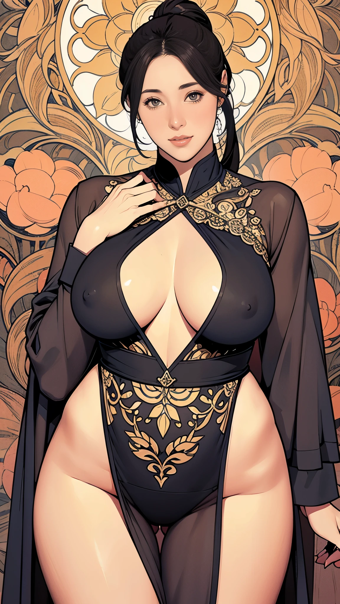 (masterpiece),(Highest quality),(Very detailed),(High resolution),8K,wallpaper,Soft Edge,1 girl,Beautiful female hands,A detailed depiction of the hand,The goddess of sexuality stands,ponytail,(Big Breasts:1.2),(Thick thighs:1.2),(Voluptuous),front,look at me,Sexy smile,Extremely small high-leg retards,Intricate designs and patterns inspired by Mucha