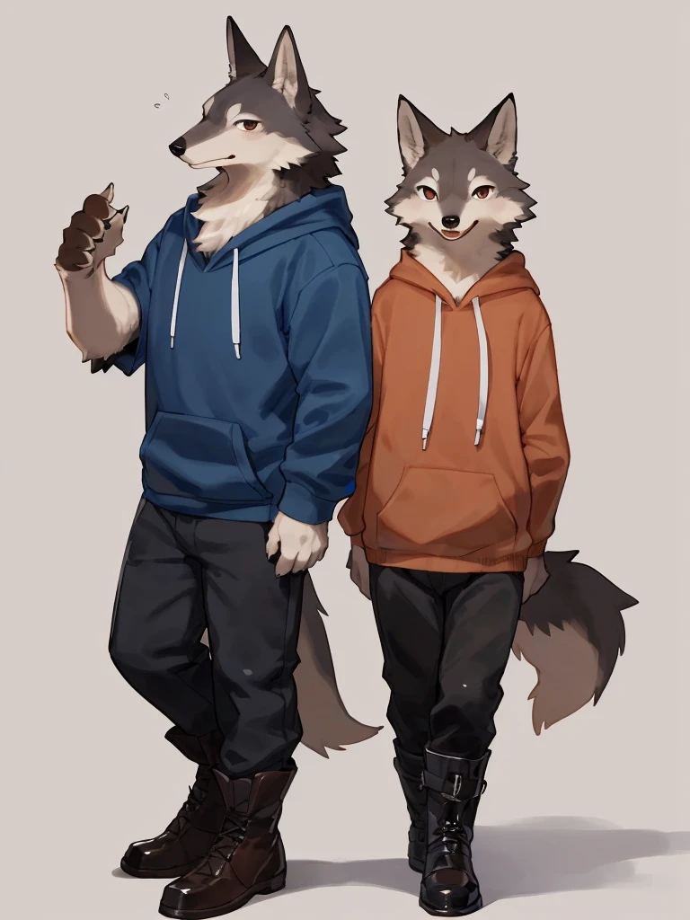 ((Best quality, masterpiece, detailed anatomy, detailed eyes, detailed hands, perfect lighting, perfect shading.)), by Kame3, by Bebebebebe, 1male, Wolf, brown furs, tight body, dark brown eyes, skinny chub body, young body, blue sleeveless hoodie, black pants, brown boots, at the white background