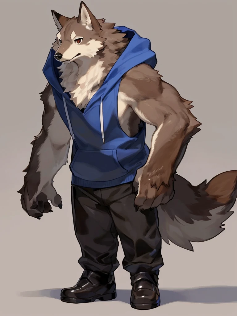 ((Best quality, masterpiece, detailed anatomy, detailed eyes, detailed hands, perfect lighting, perfect shading.)), by Kame3, by Bebebebebe, 1male, Wolf, brown furs, tight body, dark brown eyes, skinny chub body, young body, blue sleeveless hoodie, black pants, brown boots, at the white background 