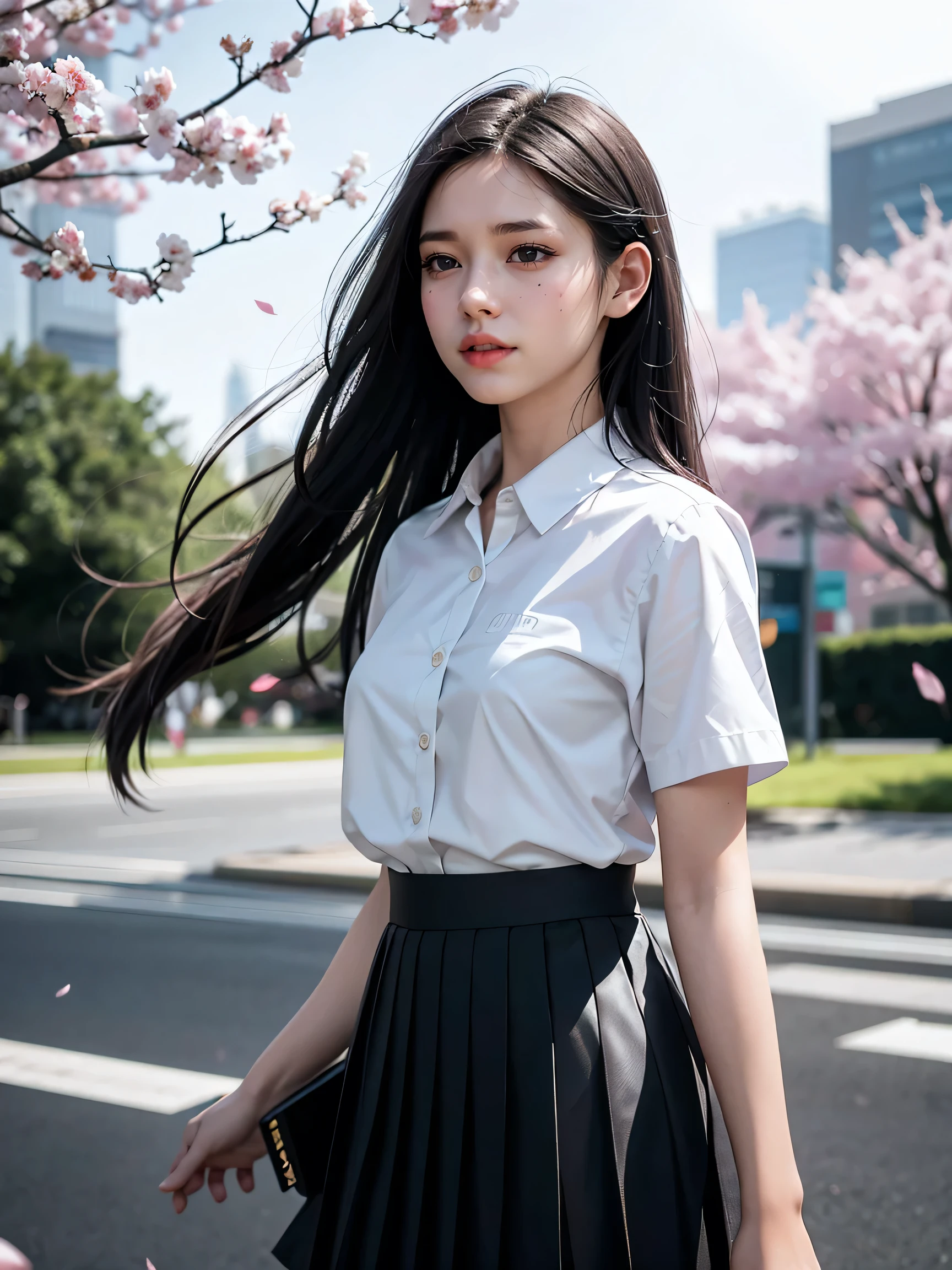 1girl, black skirt, branch, building, chain-link fence, cherry blossoms, fence, long hair, outdoors, petals, pleated skirt, rain, shirt, short sleeves, skirt, solo, standing, tree,
sky,street,Raw, cinematic shot, (sharp focus:1.5), (photorealistic:1.4), twilight lighting, volumetric lighting, ultra high res, 16K,dramatic lighting,