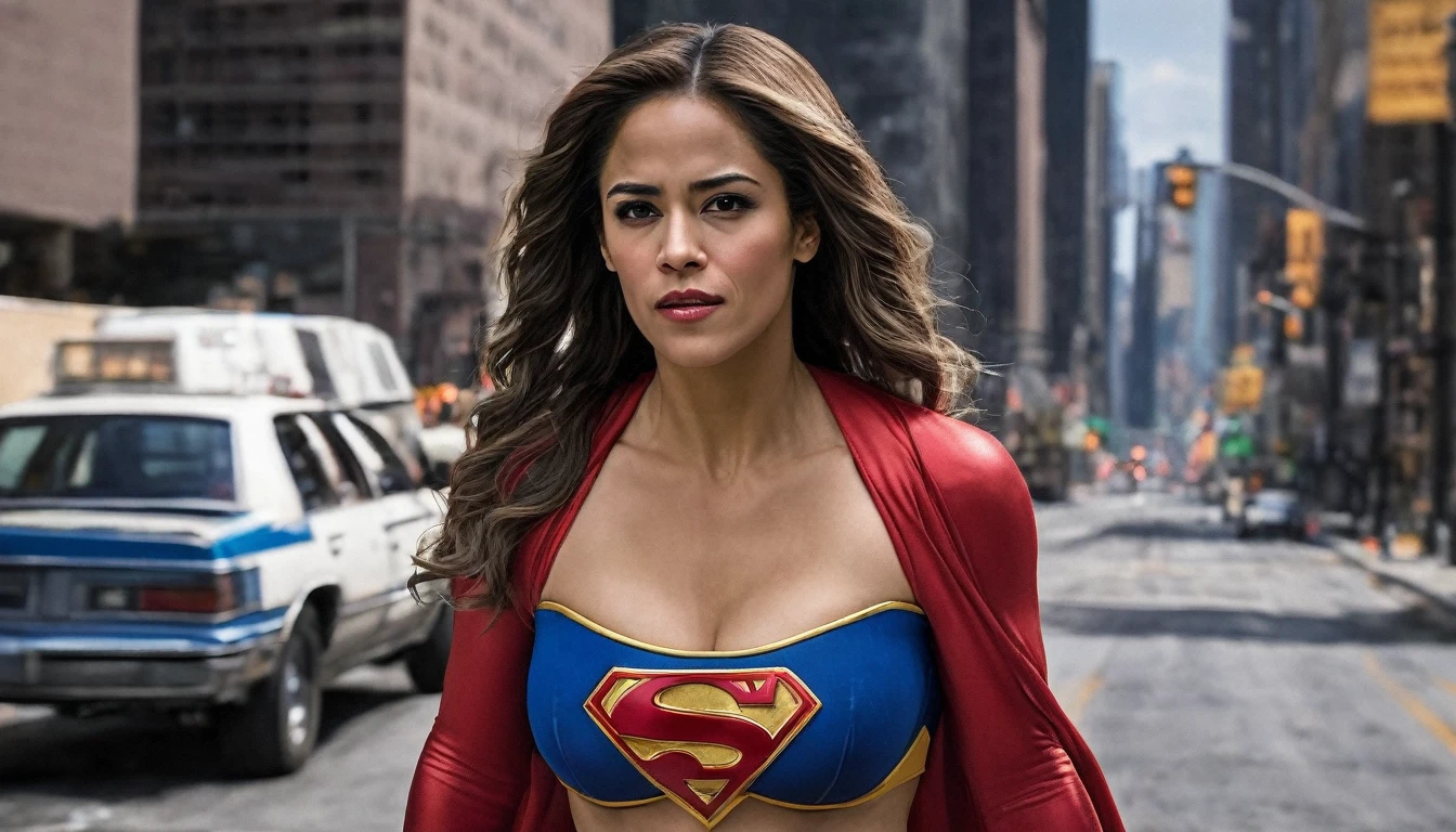 heroine super prostitute woman Paula Patton Supergirl 1984s movie costume;  HD. Photograph, ((realism)), extremely high quality RAW photograph, ultra detailed photograph, sharp focus, high resolution, (detailed skin:1,3),high quality, film grain, Fujifilm XT3,Highly Detailed, movie, (Cinematic Photo:1.3) of (Realistic:1.3). Super breasts.