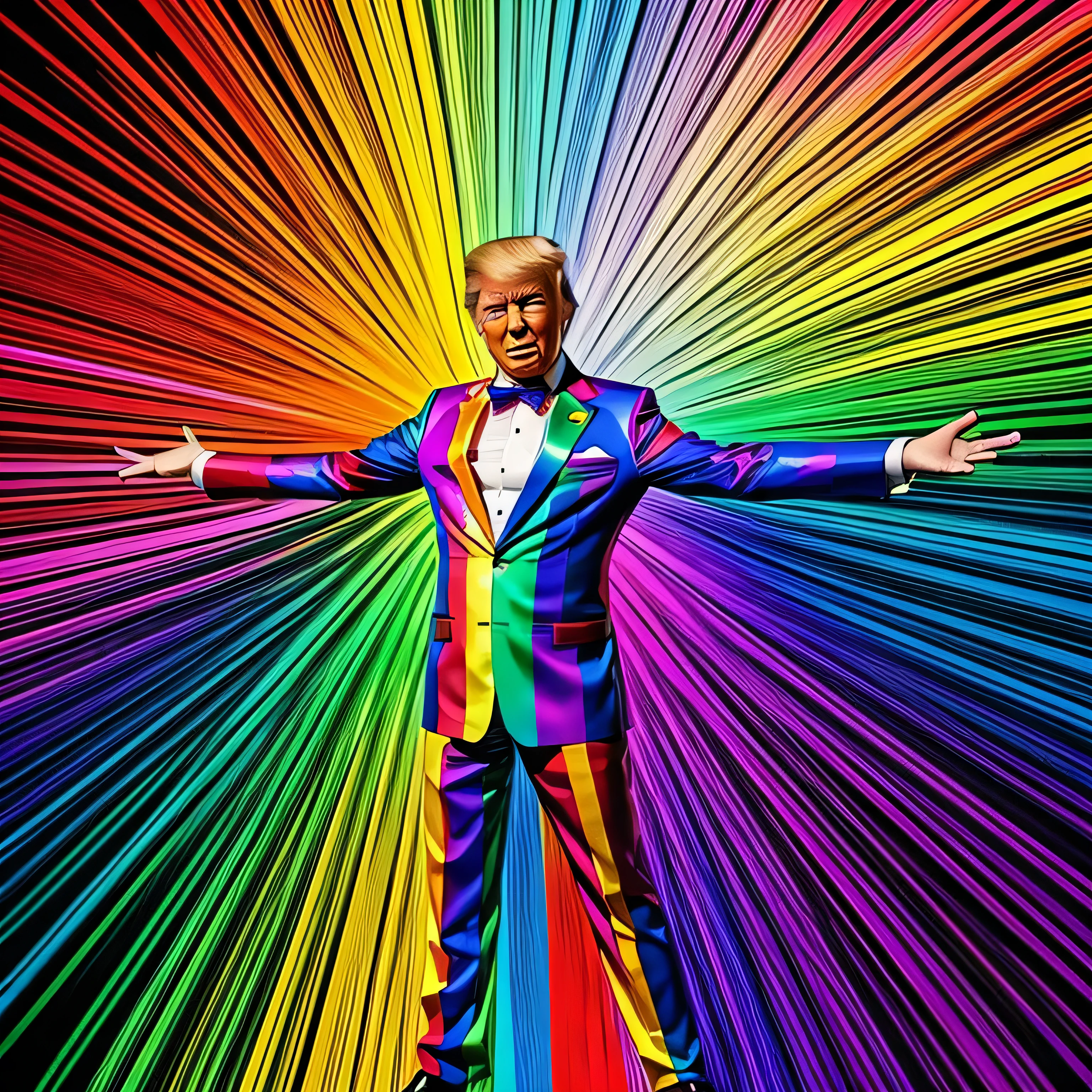 super colorful image of successfui Donald ????? in rainbow color LGBT suit, rainbow costume LGBT, rainbow colors. color brushes, colorful abstract rainbow brushstrokes, vibrant colors, LGBT pride, rainbow brushstrokes background