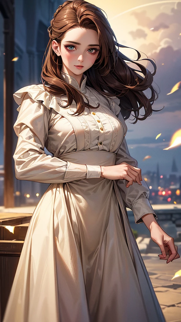 Highest quality, Ultra-high resolution, (Realistic: 1.4), beautiful Eyes, Super beautiful女性,30 years old、 beautiful, magician, Western clothing、((Brown Hair、Updo Hair)),White and yellow tones、thunder、beautiful Soldier, Inviting eyes, spouse'Perspective, Droopy eyes、Attractive appearance, ???? smile, Perfect Style, Perfect balance、?????????????、 Detailed skin, Mischievous Gaze,beautiful背景