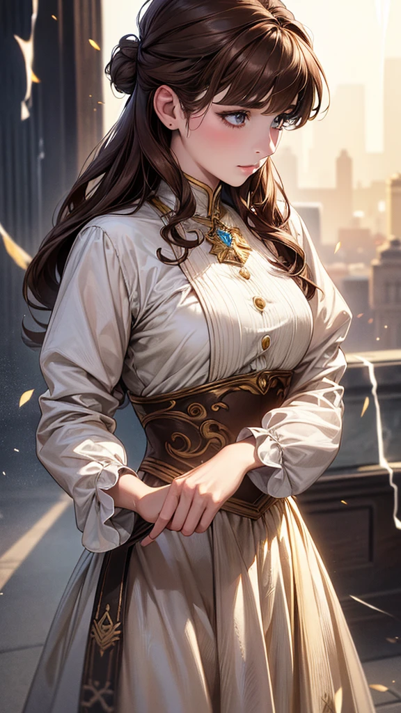 Highest quality, Ultra-high resolution, (Realistic: 1.4), beautiful Eyes, Super beautiful女性,30 years old、 beautiful, magician, Western clothing、((Brown Hair、Updo Hair)),White and yellow tones、thunder、beautiful Soldier, Inviting eyes, spouse&#39;Perspective, Droopy eyes、Attractive appearance, Sexy smile, Perfect Style, Perfect balance、Large Breasts、 Detailed skin, Mischievous Gaze,beautiful背景