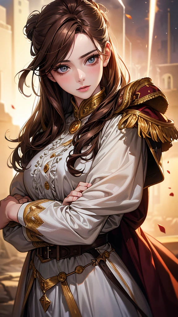 Highest quality, Ultra-high resolution, (Realistic: 1.4), beautiful Eyes, Super beautiful女性,30 years old、 beautiful, magician, Western clothing、((Brown Hair、Updo Hair)),White and yellow tones、thunder、beautiful Soldier, Inviting eyes, spouse&#39;Perspective, Droopy eyes、Attractive appearance, Sexy smile, Perfect Style, Perfect balance、Large Breasts、 Detailed skin, Mischievous Gaze,beautiful背景