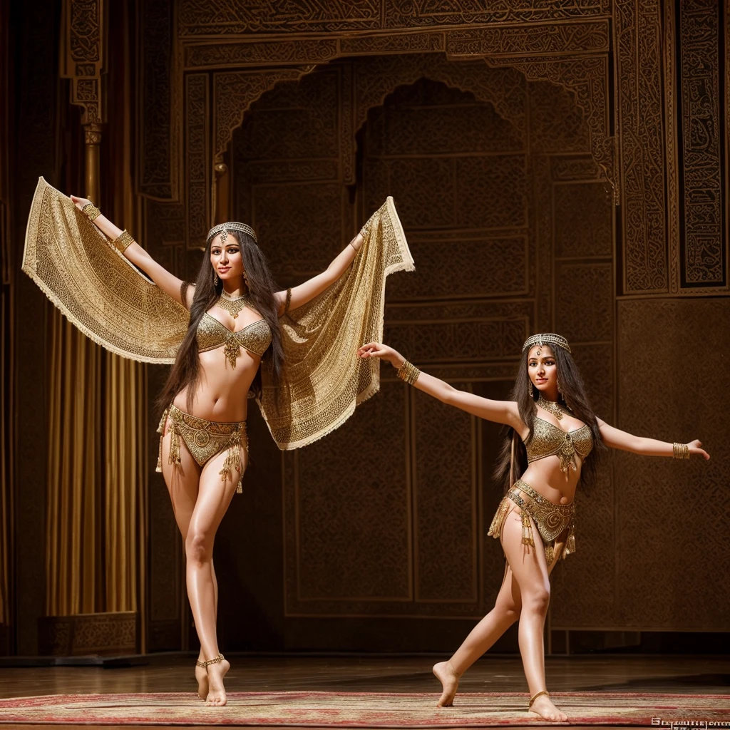 Once upon a time in ancient Arabia, the most beautiful and elegant Russian concubine of all time was born., With her incredibly beautiful brown and long hair, with long and thin legs, She dances oriental belly dancing in the emperor&#39;s palace with her beautiful face and prominent breasts and hips. She shakes her belly and her hips and her hair so much it&#39;s impossible not to be mesmerized. She also shows off her beautiful body in a perfect outfit that is extremely tight and reveals her body and is adorned with diamonds and gold particles.. It&#39;s almost like a snake, it&#39;s twisting around like a snake all by itself.