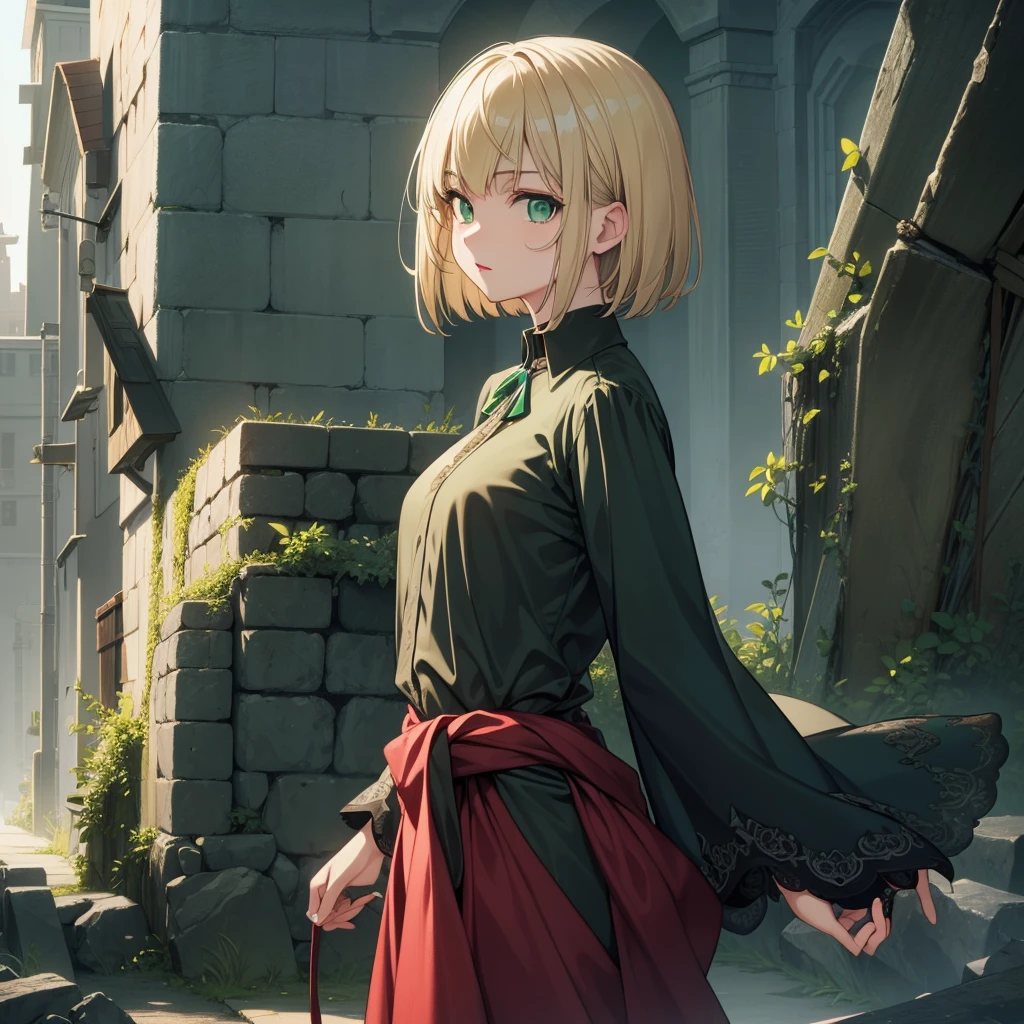 Castlevaniatera, Castlevaniatera, (green eyes:1.5), blond hair, short hair, split bangs, lipstick, red lipstick,
Shirt BREAK, long sleeves, Brooch, clothing around the waist, black shirt, neck, full bodied,
BREAK looking at viewer, Upper part of the body, whole body,
REST outdoors, evening, sky,
BREAK (Masterpiece:1.2), The best quality, High resolution, Unity 8K Wallpaper, (illustration:0.8), (Beautiful detailed eyes:1.6), extremely detailed face, Perfect lighting, Extremely detailed CG, (perfect hands, perfect anatomy),