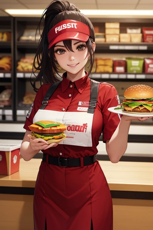 (best quality, masterpiece, highres:1.3), detailed, 1girl, Fast Food Worker, Puerto Rican, ponytail hair, store red uniform, visor, supporting and holding a tray with a hamburger on it, Fast Food Shop, smile