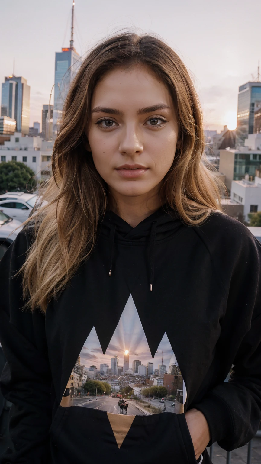 young woman looking at the camera,full lips, brown eyes, blonde, black sweatshirt, city, bright sunset