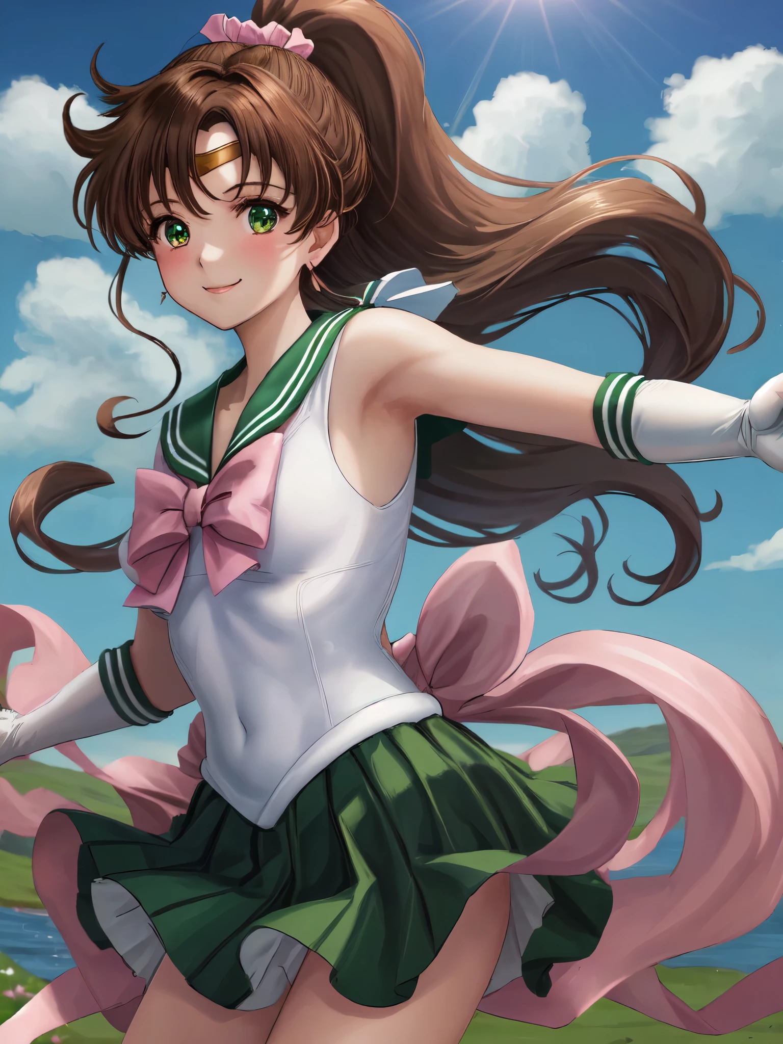 Armpit Show,masterpiece, Highest quality, High resolution, One girl, alone, Sailor Jupiter, (Hair fluttering), (Single Ponytail)), Elbow hand pockets, headgear, Green pleated skirt, Pink ribbon, (Green sailor collar), Brown Hair, White gloves, jewelry, Earrings, smile, Grassland in the background, Blue sky and white clouds, Ocean, front, whole body