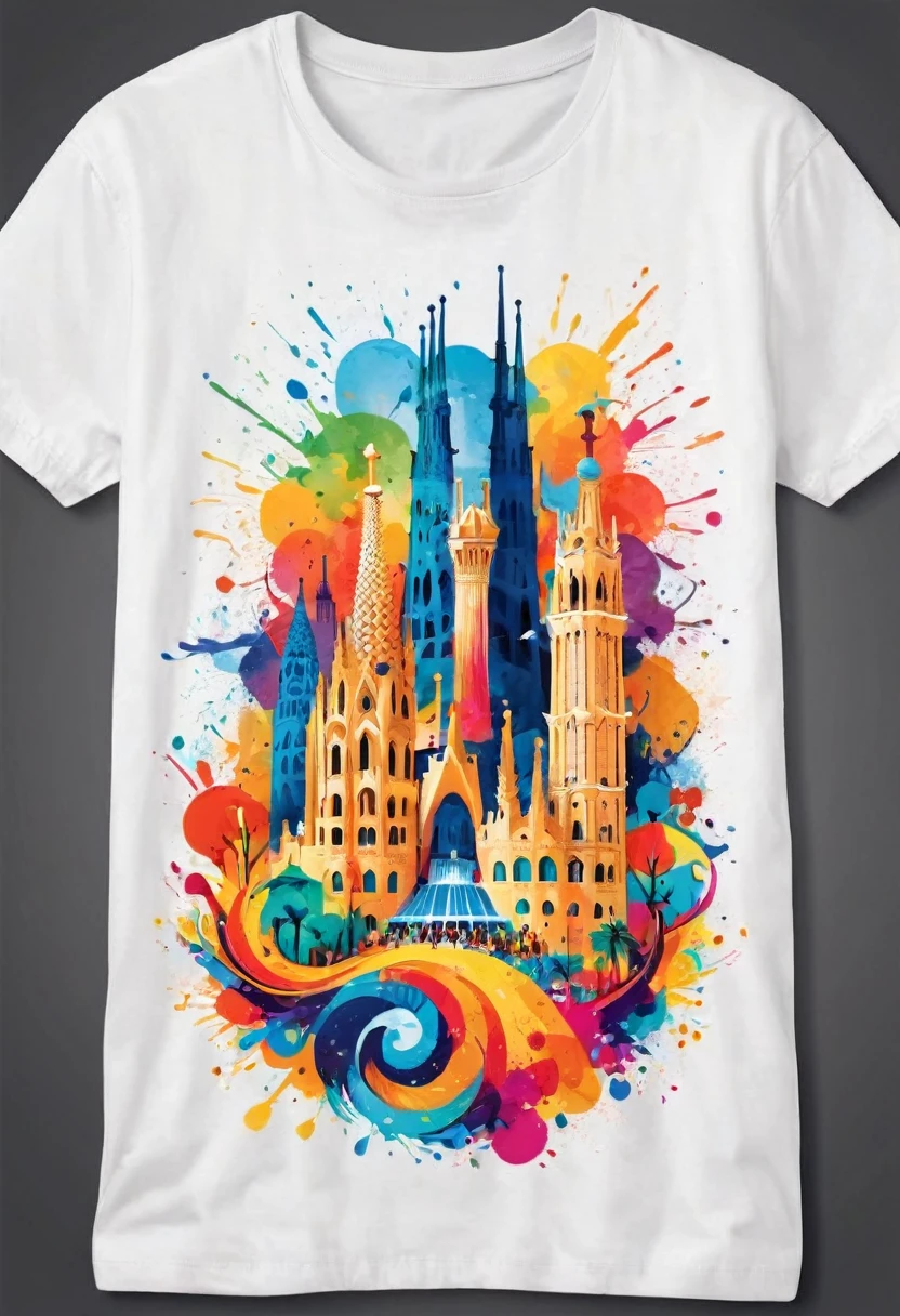 A t-shirt with vector art of a colorful illustration with the city of Barcelona , At the center, swirly vibrant colors, paint splashes and smears, high détail, t-shirt designs
(work of art, best qualityer, proffesional, perfect composition, very aesthetic, absurdrez, super verbose, details Intricate:1.3)