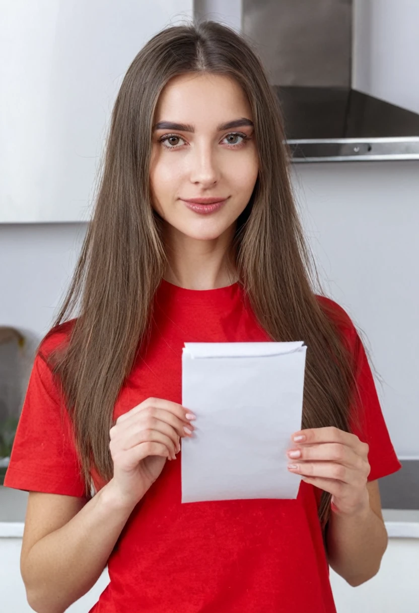 brown long haired European sexy juicy girl in a red T-shirt is holding a piece of paper in her hands looking at the camera, kitchen daylight
