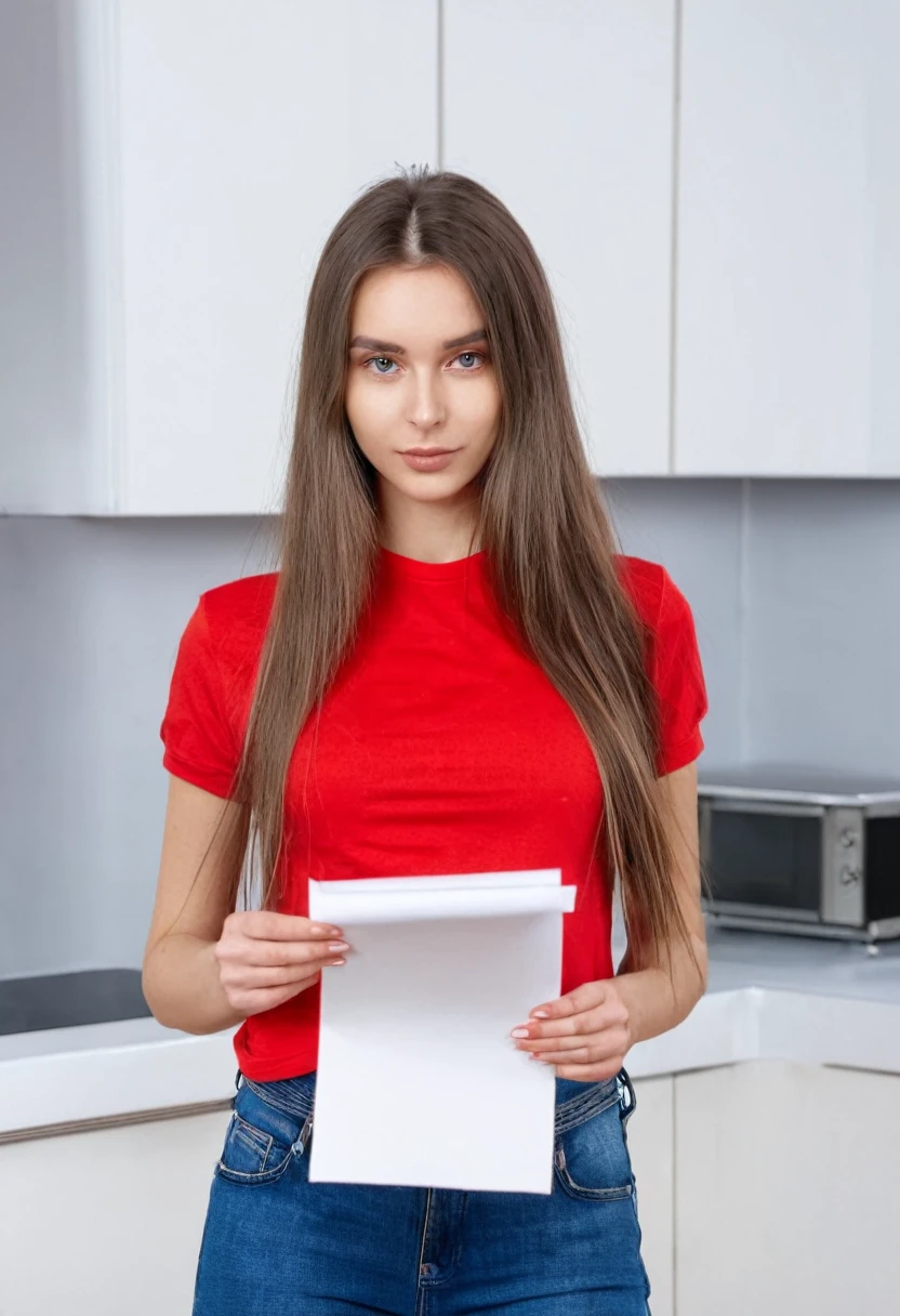 brown long haired European sexy juicy girl in a red T-shirt is holding a piece of paper in her hands looking at the camera, kitchen daylight