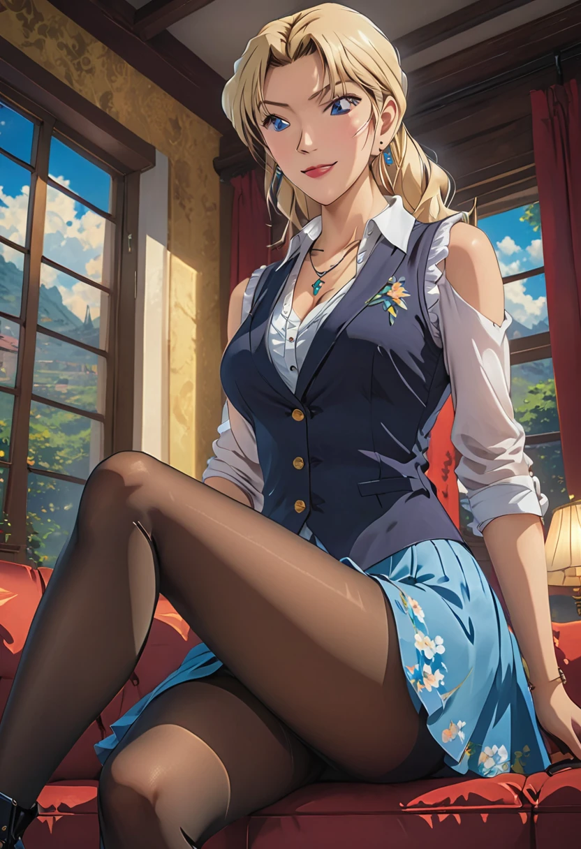(masterpiece, best quality:1.2), ((Extremely detailed)), high resolution, Anime style , photo, photography, Detailed background,1. Beautiful woman Lei Dianming, (Pantyhose), boots,Cowboy shooting, Looking at the audience,A faint smile, earrings, skirt, Necklace, Vest, Cross your legs, From below, On the sofa, Windows, living room,Anime style,blond