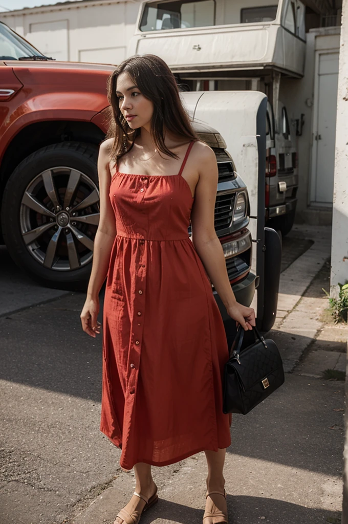 Woman in a casual red dress with a black handbag, street style, natural lighting, candid shot, Canon EOS 5D, 50mm lens, Kodak Ektar film, slight vignette, warm tones((best quality)), ((masterpiece)), (detailed), perfect face
