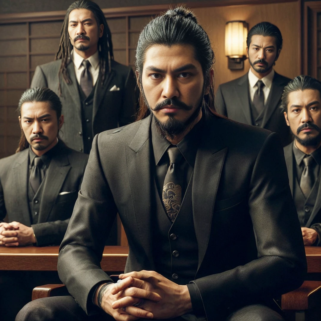 Yakuza with long hair combed back, mustache, wearing a black suit, sitting with his friend, yakuza with dreadlocks, mustache and beard, wearing a black suit, both of them are sitting in the meeting room, their four bodyguards are standing behind them wearing black clothes. suit, the background is a yakuza meeting room with brown walls, black tables and yakuza style decoration, cinematic, realistic, highly detailed, 4k