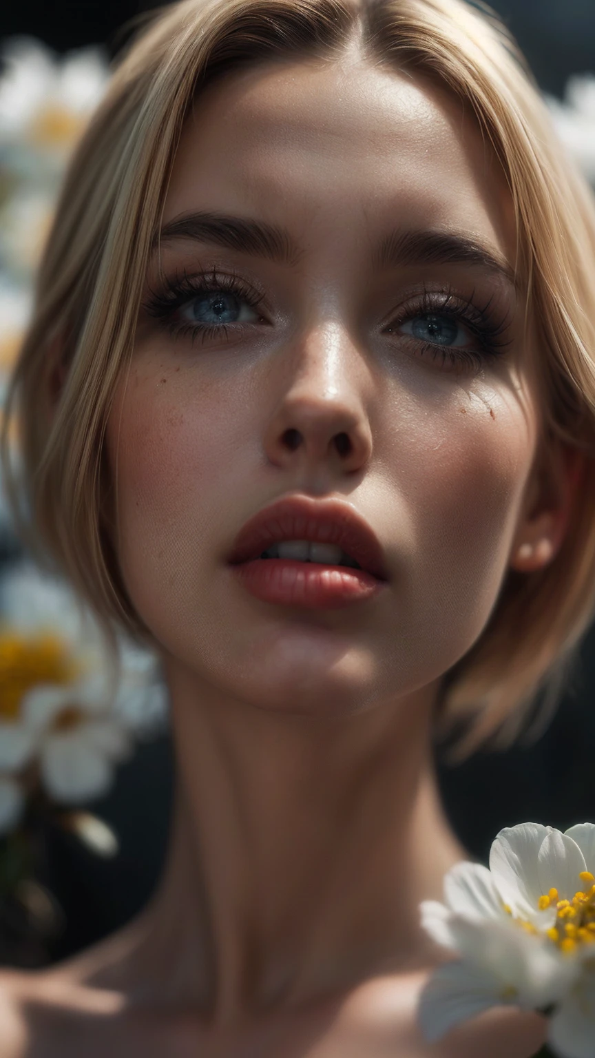 (((Ultra-realistic))), (artistic realization), (ultra-detailed face and eyes: 1.4), 1 girl, (blonde) , (naked) , (thick tousled short hair), Detailed eyes, (large detailed lips) , makeup, (Natural breasts). (( many sakura flowers around,  close-up, close to the camera)), Dark atmosphere of the frame, (ultra detailed)