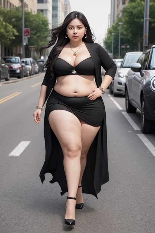 130kg, morbidly obese woman, abdominal obesity, fat belly, large belly, protruding belly, big belly, convex belly, abdominal exposure, exposed navel, mini skirt, high heel, earring, necklace, bracelet, Outer eyelid