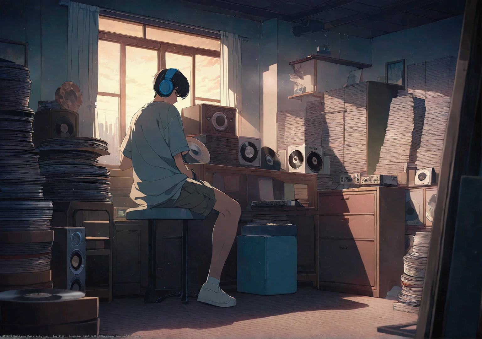 Boy wearing headphones and listening to music, Very detailedな, evening, sad mood, Bright light coming through the window, Night view, , 2D, (Shot from a distance), Wide Shot, (Noise from the film), Old cartoons, (Many records: 1.3), Single room, (masterpiece, Very high quality, Very high quality, Official Art, beautifully、beautiful: 1.2), (Very detailed, (Fractal Art: 1.4 ), guitar, (Note: 1.4), (Lo-fi Hip Hop), Side view, Old Anime Texture, alone, Old PC