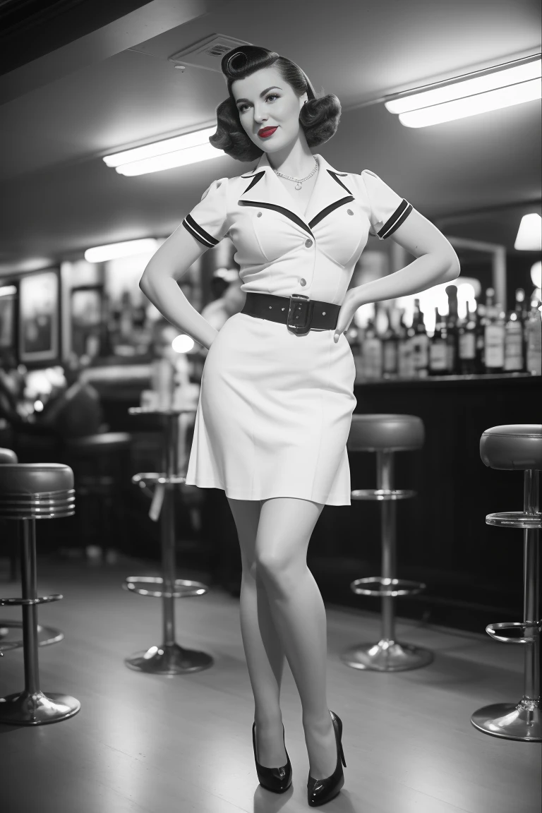 full body portrait of Betty (styled in a 1940's, Sailor red polcadot Dress, open chest, highly detailed:1.3), (highly detailed face:1.8), (1940's Pompadour Hairstyle:1.3),  (slim body, small breasts, small hips:1.5), (leaning back on the bar:1.5), (background inside a full collour, old, 1940's big-band bar:1.4), (soft studio lighting), JCH Street Pan, ISO 100