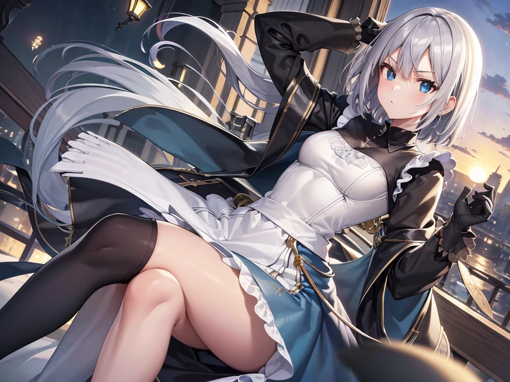 yorktown_ii_(azur_lane),white hair,blue eyes,cross earrings,default, long skirt, pantyhose, white dress,bodice,neck ribbon,high-low skirt, see-through, thigh strap, 3d style, sitting on couch, bent over, on knees, feet, looking back, bubble butt, window, visible feet, feet focus