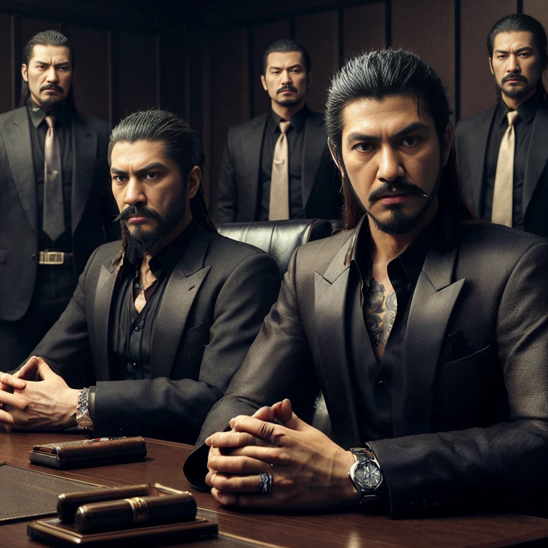 Yakuza with long hair combed back, mustache, wearing a black suit, sitting with his friend, yakuza with dreadlocks, mustache and beard, wearing a black suit, both of them are sitting in the meeting room, their four bodyguards are standing behind them wearing black clothes. suit, the background is a yakuza meeting room with brown walls, black tables and yakuza style decoration, cinematic, realistic, highly detailed, 4k