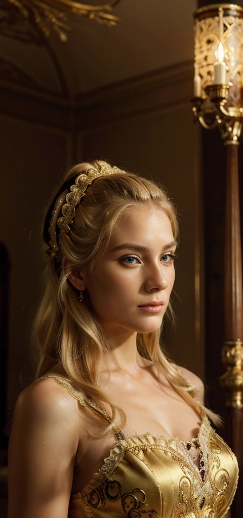 a beautiful blond woman, rococo hairstyle, detailed facial features, sensual expression, elegant dress, intricate lace details, dramatic baroque lighting, ornate gold accents, photorealistic, masterpiece, high resolution