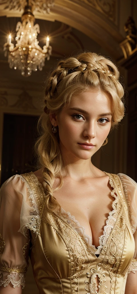 a beautiful blond woman, rococo hairstyle, detailed facial features, sensual expression, elegant dress, intricate lace details, dramatic baroque lighting, ornate gold accents, photorealistic, masterpiece, high resolution