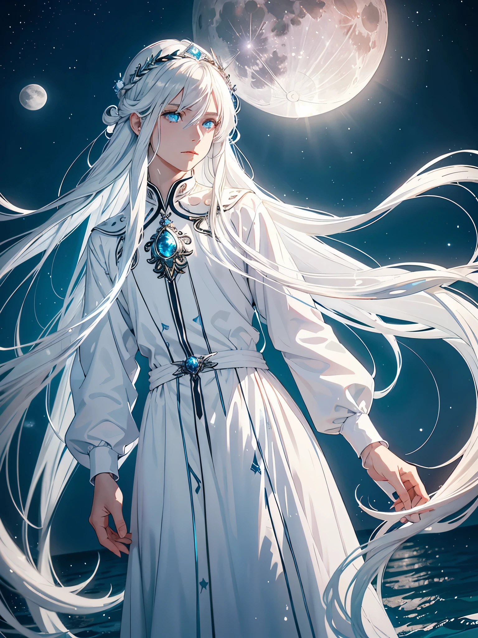 Long hair. long white hair. aquatic, boy, Goddess of the Moon, silver hair accessories, White hair, White dress, cape, at night, saturated colors, light eyes, bright, light blue light, blue eyes, Jewelry silver, bluish light, Full moon in the background, aquatic in der Luft rosa kerzen