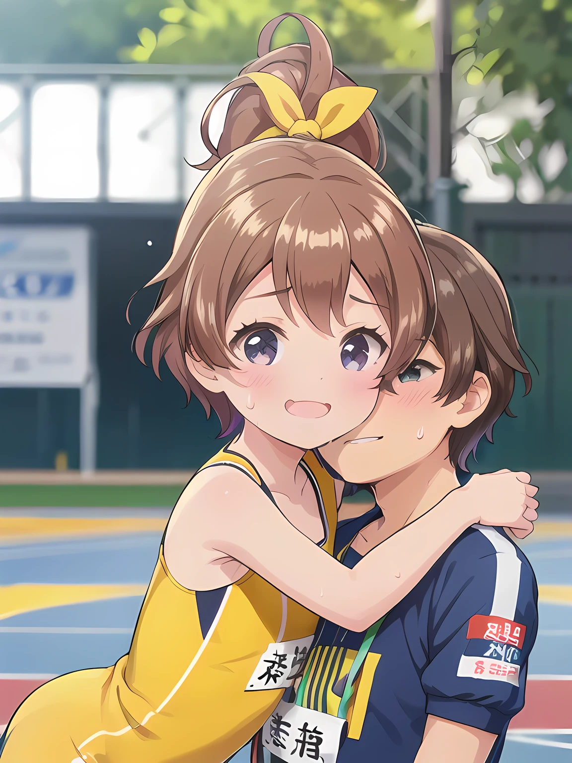 Composition from the side,1girl,1boy,face to chest,Outdoor,1girl,hug,Track and field uniforms,Leaning forward,smile,Brown Hair, short hair, ponytail,yellow ribbon ornament,Flat Chest,upper body,Cleavage,Sweating profusely,Chibi,1boy,white face,black hair,white skinned,young aged man,