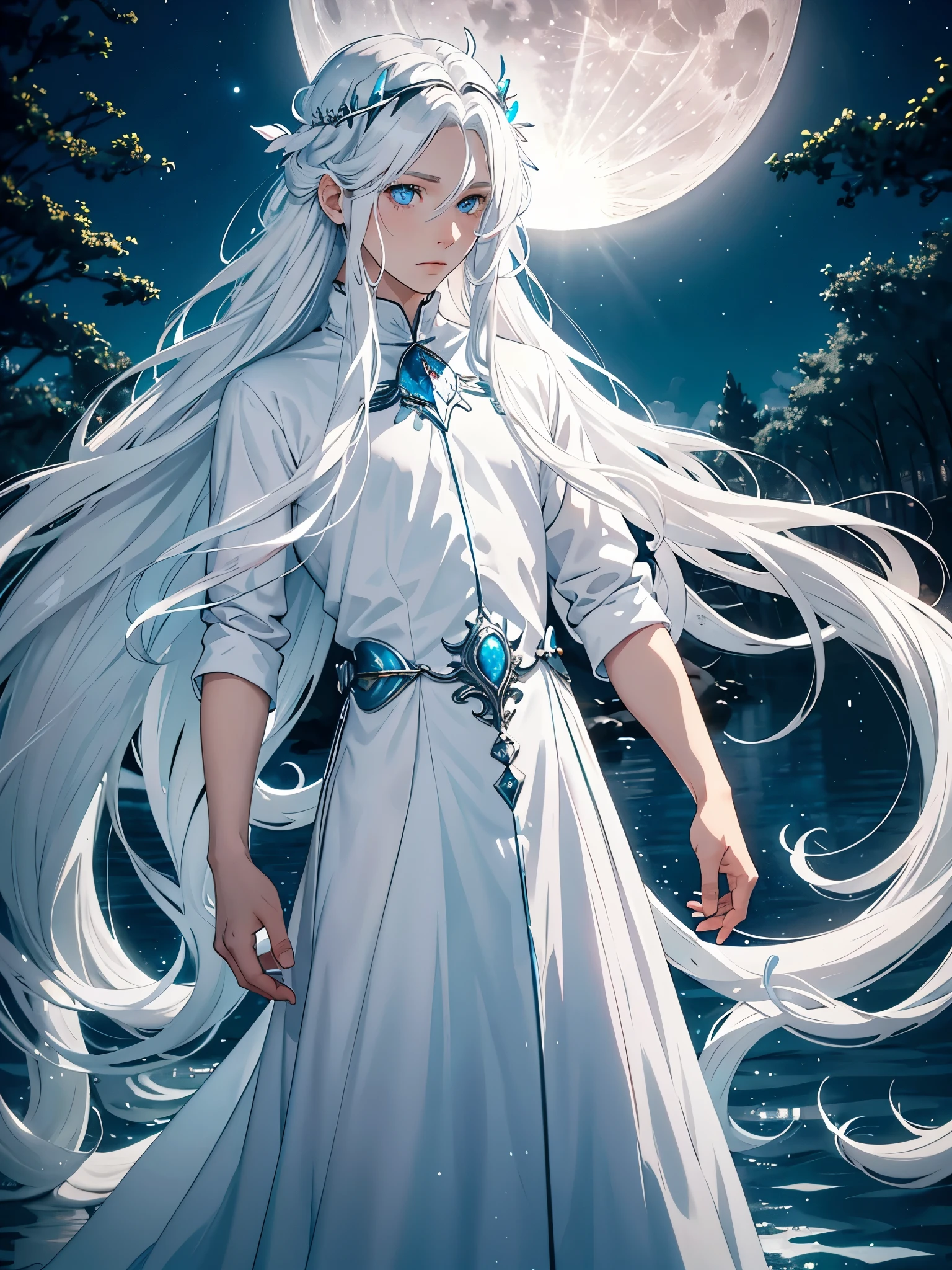 Long hair. long white hair. aquatic, boy, Goddess of the Moon, silver hair accessories, White hair, White dress, cape, at night, saturated colors, light eyes, bright, light blue light, blue eyes, Jewelry silver, bluish light, Full moon in the background, aquatic in der Luft rosa kerzen