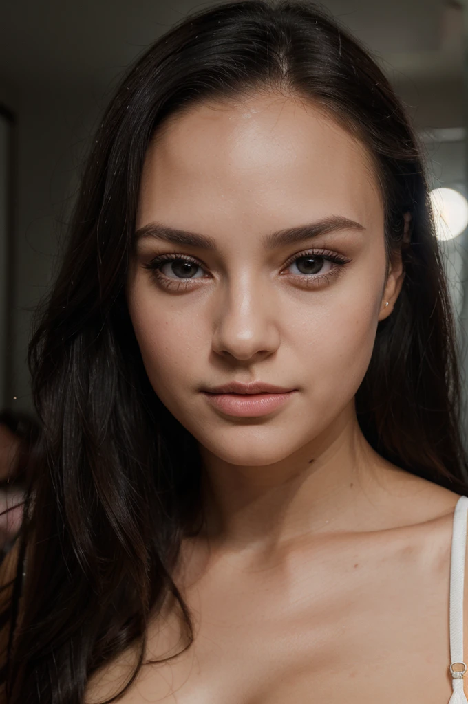 a beautiful young woman, cute woman, pretty woman, face detailled, small forehead, lightnning luminosity, persistant regard, beautiful look, detailed portrait, realistic, long black hair, gorgeous face, plump lips, black eyes, small nose, dimple, high quality, 8k, hyper realistic, photorealistic award winning, studio lighting
