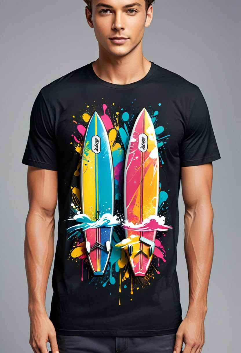 A black t-shirt with vector art of a colorful illustration with two surfboards on top of each other crossed, At the center, swirly vibrant colors, paint splashes and smears, high détail, t-shirt
(work of art, best qualityer, proffesional, perfect composition, very aesthetic, absurdrez, super verbose, details Intricate:1.3)