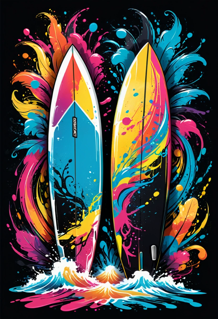 A black t-shirt with vector art of a colorful illustration with two surfboards on top of each other crossed, At the center, swirly vibrant colors, paint splashes and smears, high détail, t-shirt
(work of art, best qualityer, proffesional, perfect composition, very aesthetic, absurdrez, super verbose, details Intricate:1.3)