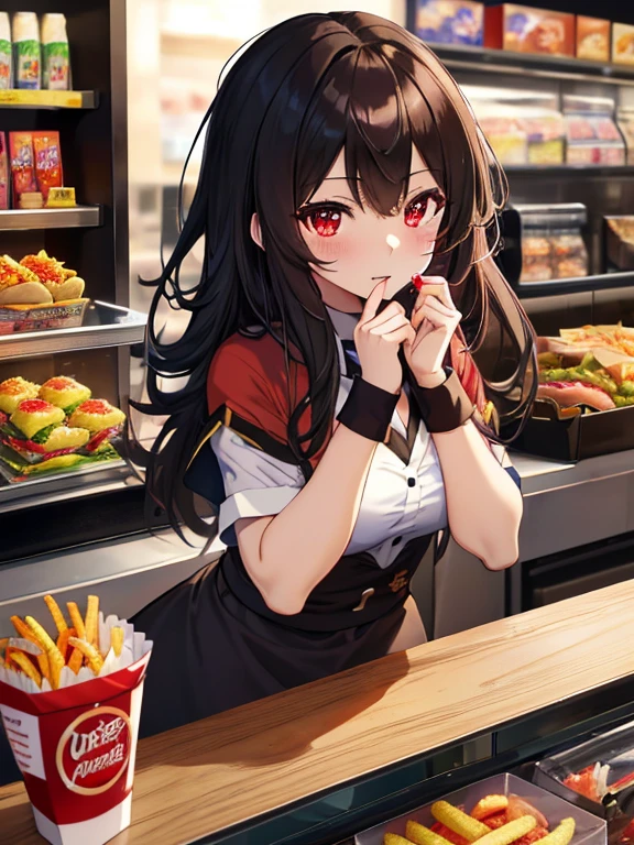 counter, Fast food clerk, Megumin, (masterpiece), highest quality, 1girl, uhd, retina, masterpiece, ccurate, anatomically correct, textured skin, super detail, high details, high quality, best quality, highres, 4K