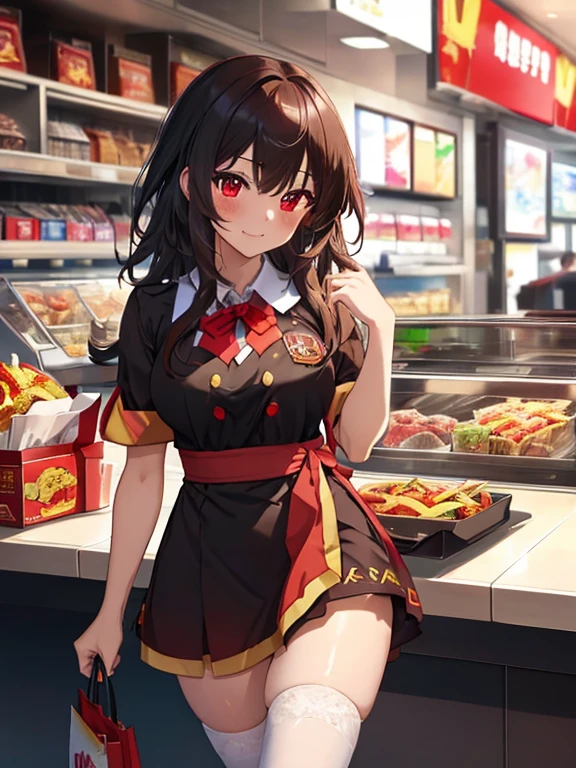 counter, Fast food clerk, Megumin, (masterpiece), highest quality, 1girl, uhd, retina, masterpiece, ccurate, anatomically correct, textured skin, super detail, high details, high quality, best quality, highres, 4K