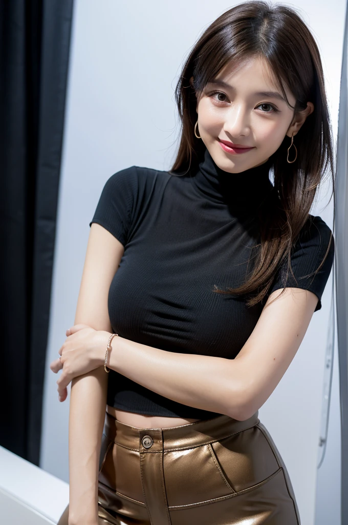 8K, Masterpiece, RAW photo, Best quality, Photorealistic, Extremely detailed Cg Unity 8K wallpaper, Depth of field, Cinematic light, Lens flare, Ray tracing, (Extremely beautiful face, Beautiful lips, Beautiful eyes), intricate detail face, ((ultra detailed skin)) 1girll, In the daylight, Pretty Korean girl, Kpop idol, 1 girl, (shy smile:1.3), (Skinny Black pants), (Blurred background), (Dim light), (No one is in the background:1.3), Beautiful earrings, bangle, necklace, Clear eyes, Walking , front footage, (Pale skin), (Full body shot), ((Silk shiny Black low-rise pants)), (brown hairs), big breast, wide hips, pale skin, straight long brunette hair, shy smile, tender eyes, ((camel-toe)), Thick thighs, ((sheer turtle neck blue shirt)), (Black high heel ankle boots), perfect slim body,