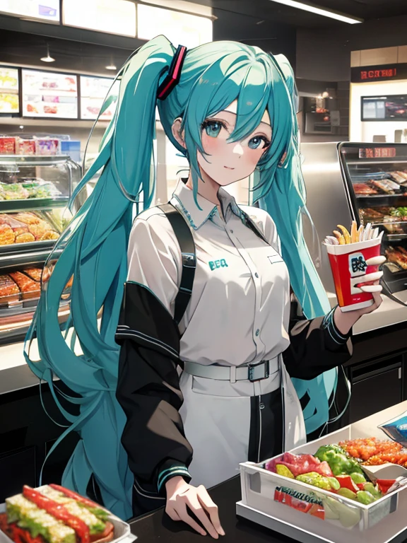 counter, Fast food clerk, Hatsune Miku, (masterpiece), highest quality, 1girl, uhd, retina, masterpiece, ccurate, anatomically correct, textured skin, super detail, high details, high quality, best quality, highres, 4K